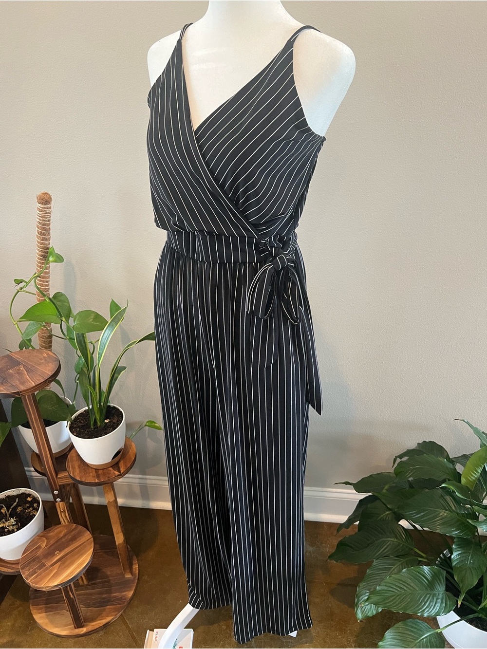 Kaileigh Black & White Pinstripe Surplice Wrap Jumpsuit